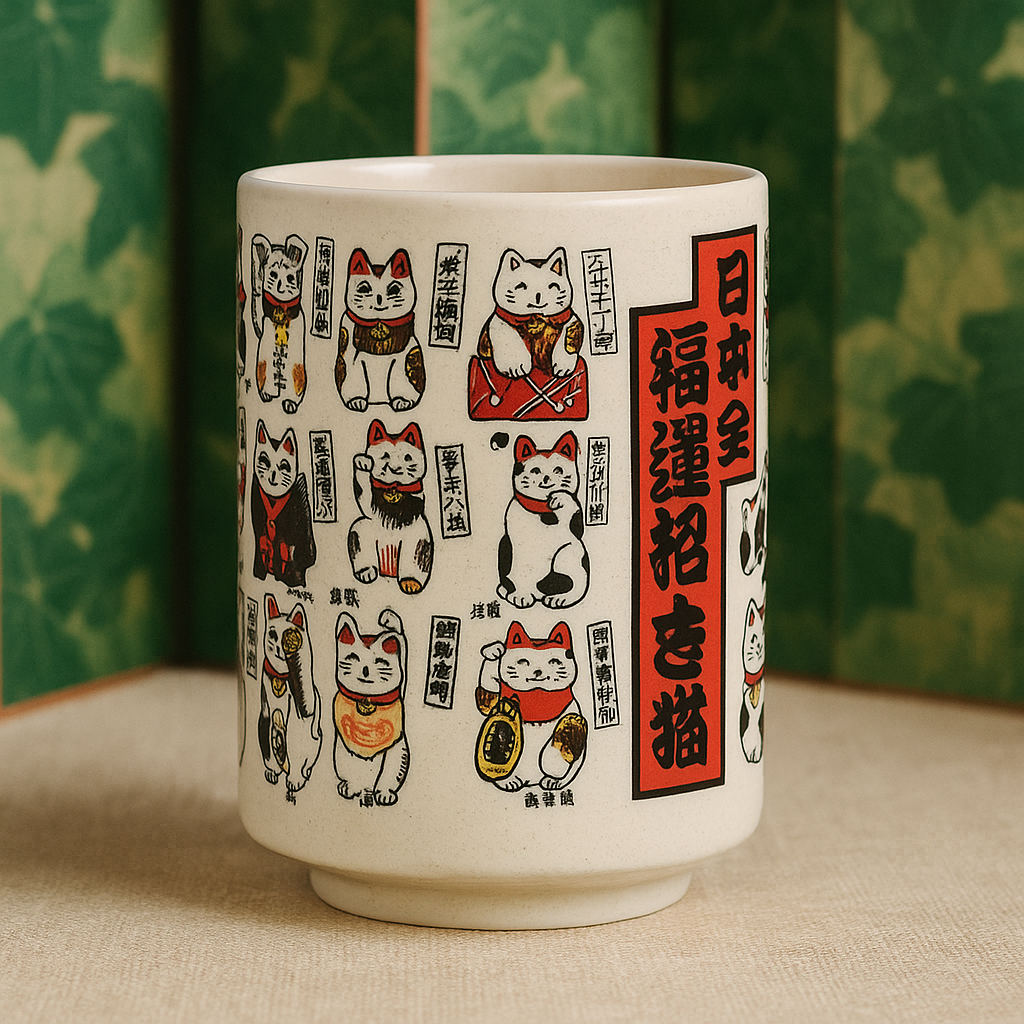 Japanese Lucky Cat maneki-neko illustration teacup